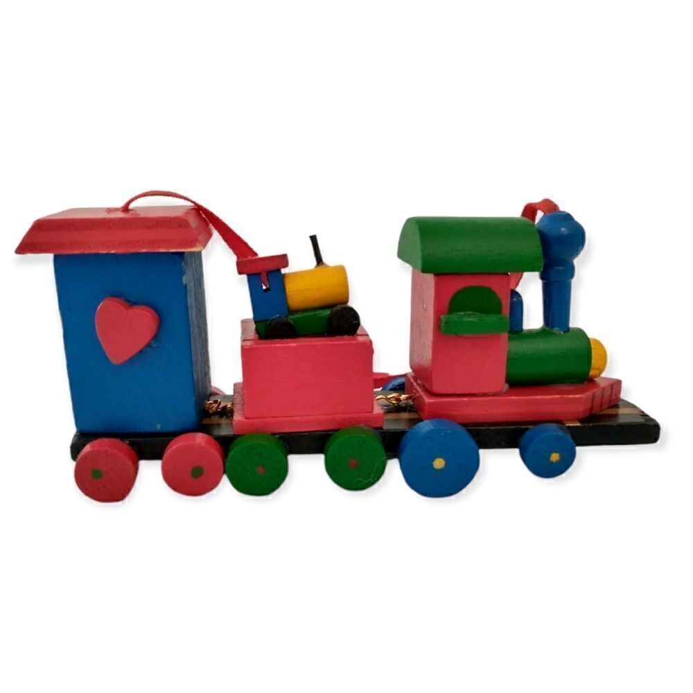 ‎Vtg Wood Train Ornament Locomotive Christmas Primary Colors Painted Choo Choo.